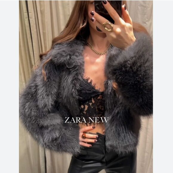 Zara Women SHORT FAUX FUR TOGGLE COAT Dark charcoal gray S NWT - Picture 7 of 15